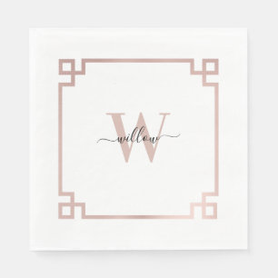 White & Rose Gold Pink Greek Key Monogrammed Napkins