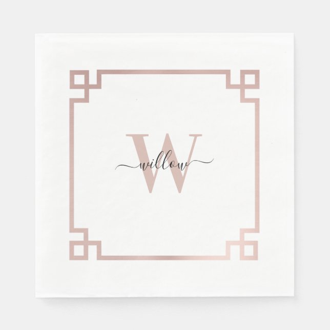 White & Rose Gold Pink Greek Key Monogrammed   Napkins (Front)