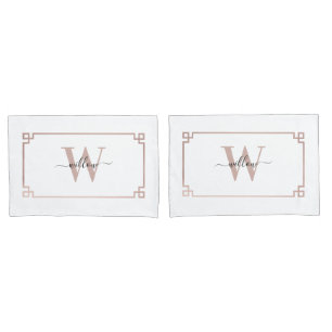 White & Rose Gold Pink Greek Key Monogrammed Pillow Case