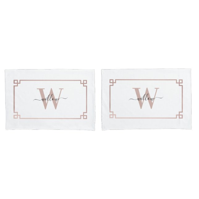 White & Rose Gold Pink Greek Key Monogrammed Pillow Case (Front-Set)