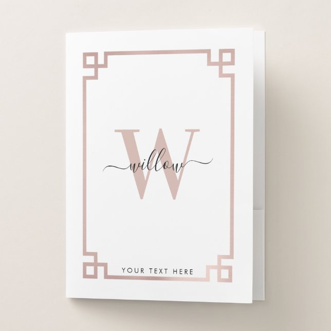 White & Rose Gold Pink Greek Key Monogrammed  Pocket Folder (Front)