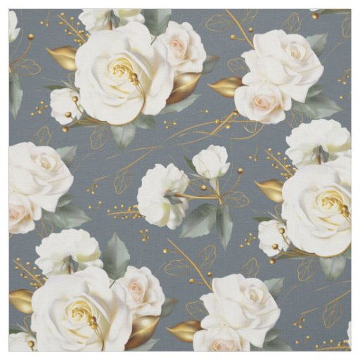 White Rose Gold Romantic Floral Fabric