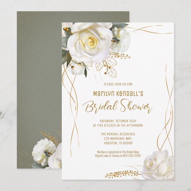 White Rose Gold Romantic Floral Invitation (Front/Back)