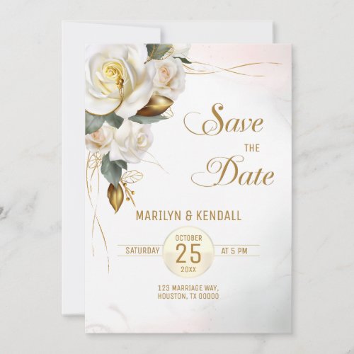White Rose Gold Romantic Floral Save the Date Invitation