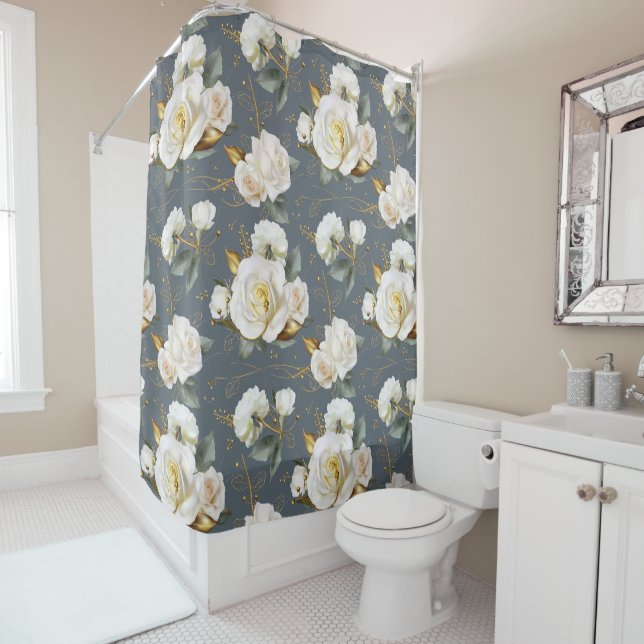 White Rose Gold Romantic Floral Shower Curtain (In Situ)