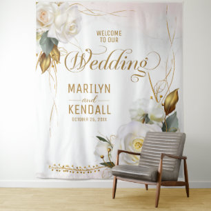 White Rose Gold Romantic Floral Wedding Backdrop
