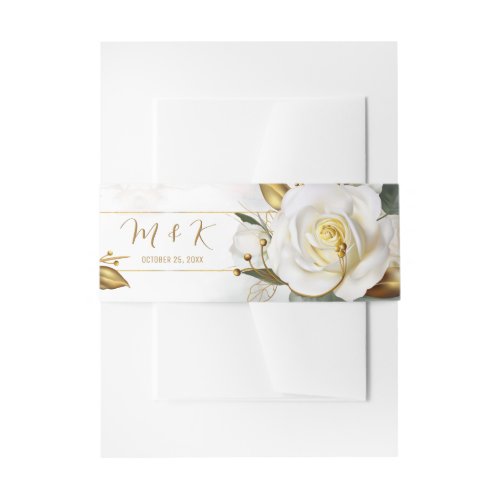 White Rose Gold Romantic Floral Wedding Invitation Belly Band