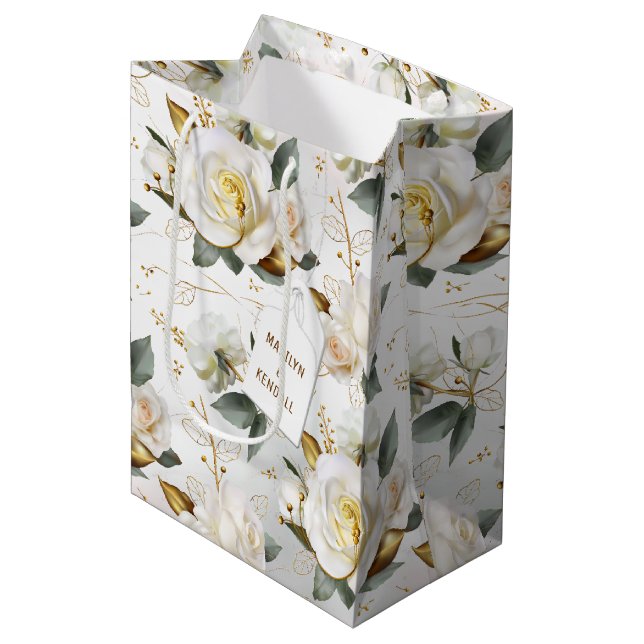 White Rose Gold Romantic Floral Wedding Medium Gift Bag (Front Angled)