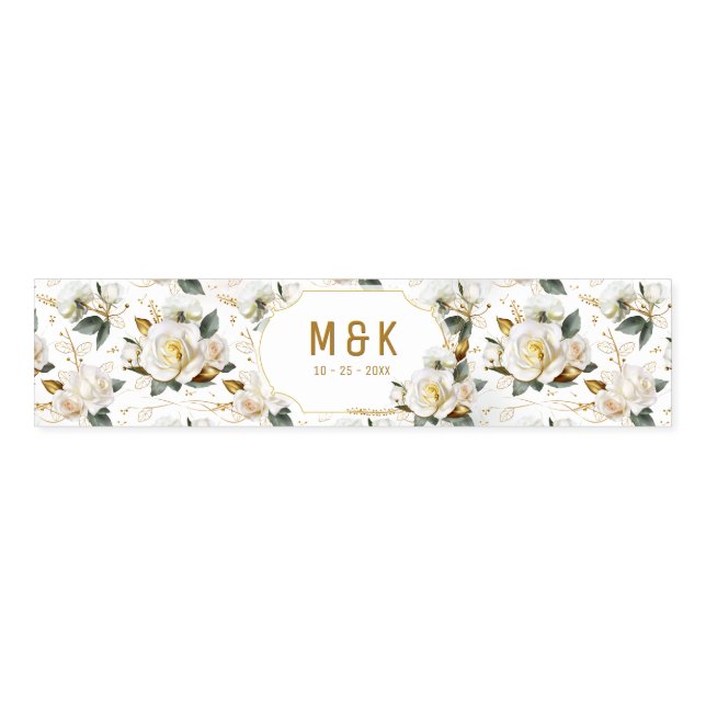White Rose Gold Romantic Floral Wedding Napkin Bands (Unfolded)