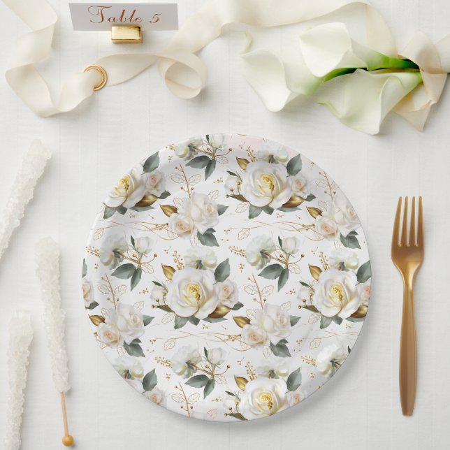 White Rose Gold Romantic Floral Wedding Paper Plates (Wedding)