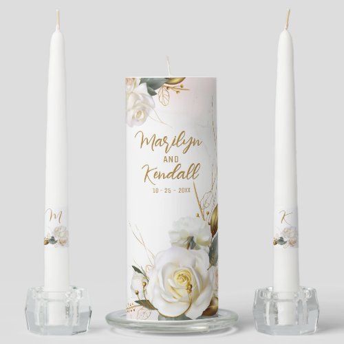 White Rose Gold Romantic Floral Wedding Unity Candle Set