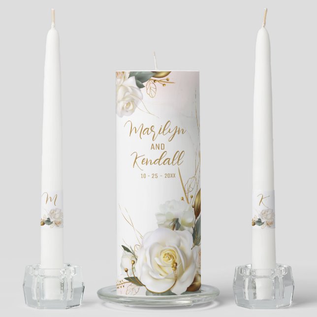 White Rose Gold Romantic Floral Wedding Unity Candle Set (Front)