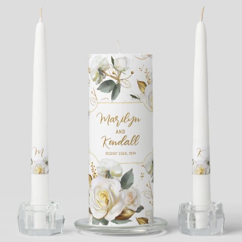 White Rose Gold Romantic Floral Wedding Unity Candle Set