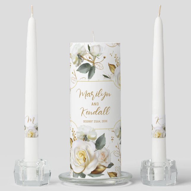 White Rose Gold Romantic Floral Wedding Unity Candle Set (Front)