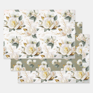 White Rose Gold Romantic Floral Wrapping Paper Sheets