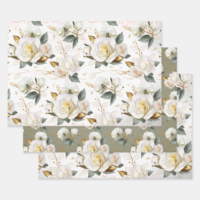White Rose Gold Romantic Floral Wrapping Paper Sheets (Set)