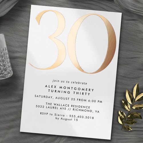 White  Rose Gold  Simple Airy 30th Birthday Foil Invitation