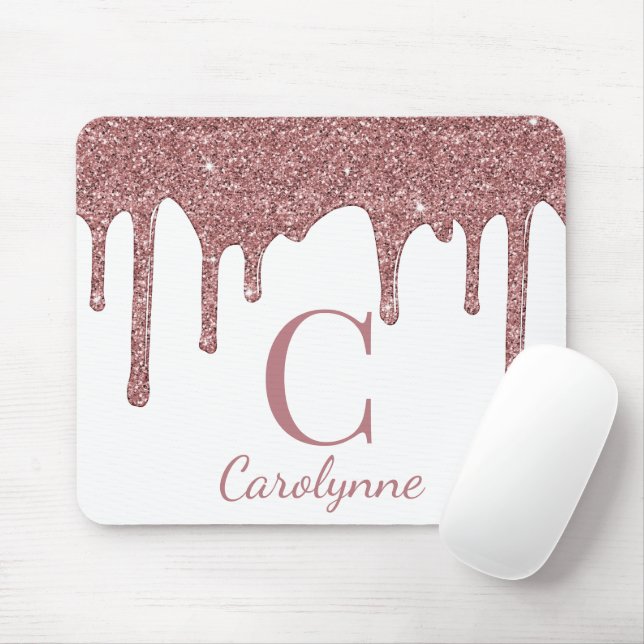 White Rose Gold Sparkle Glitter Drips Monogram Mouse Pad (With Mouse)