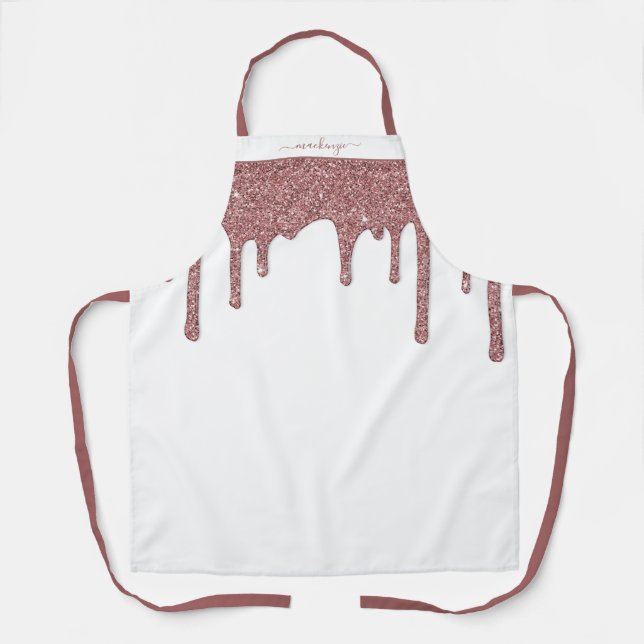 White Rose Gold Sparkle Glitter Drips Personalized Apron (Front)