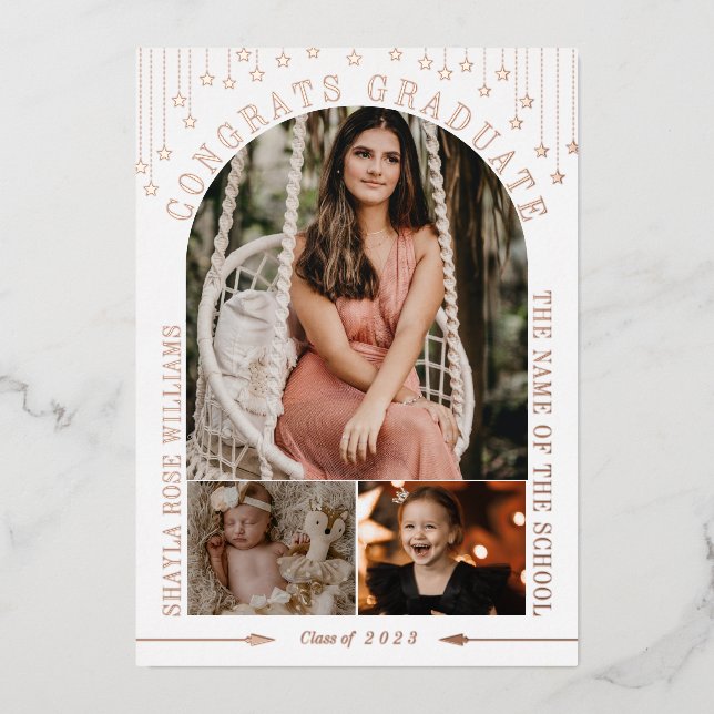 White & Rose Gold Stars Arch Photo Graduation Foil Invitation (Front)
