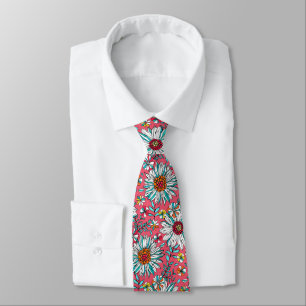 White Rose Gold Teal Orange Red Daisy Flowers Neck Tie
