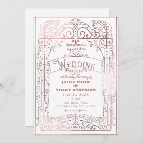 White  Rose Gold Vintage Victorian Deco Wedding Invitation