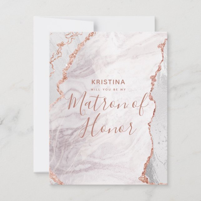 White & Rose Gold Will You Be My Matron of Honor Invitation (Front)