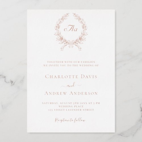 White rose gold wreath monogram wedding foil invitation