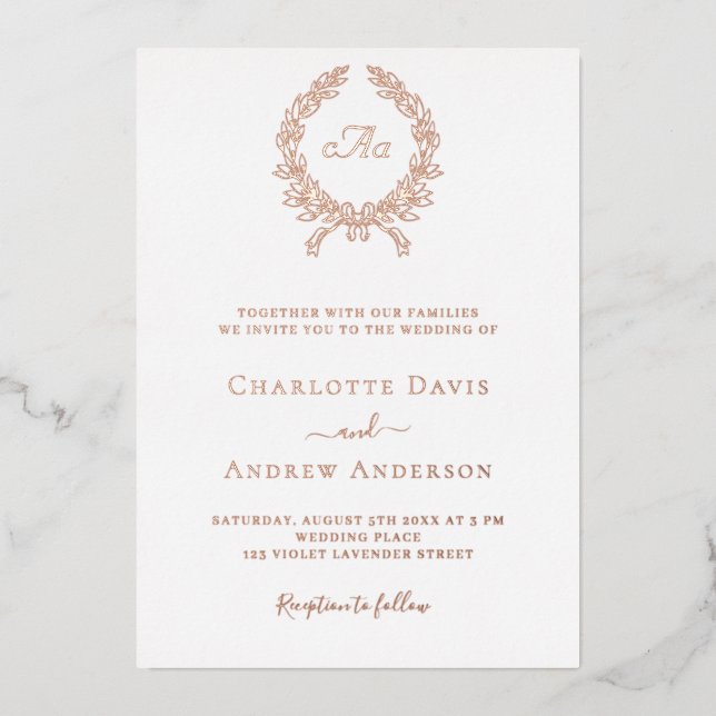 White rose gold wreath monogram wedding foil invitation (Front)