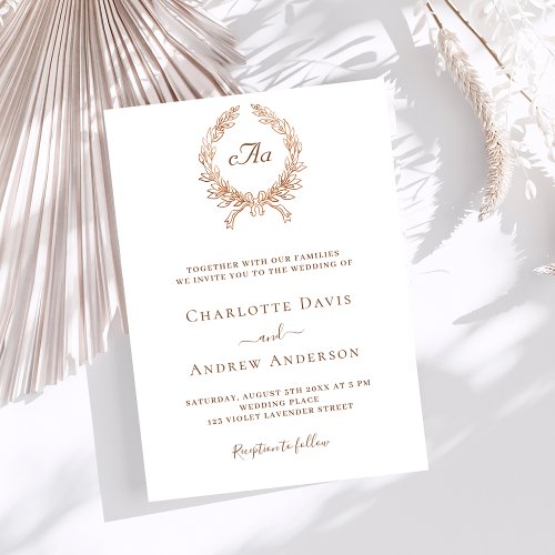 White rose gold wreath monogram wedding invitation