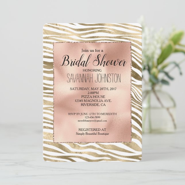 White Rose Gold Zebra Animal Bridal Shower Invitation (Standing Front)