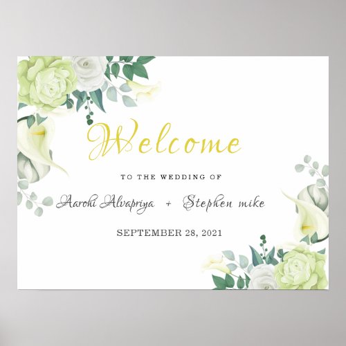 White Rose Green and White Floral Welcome sign