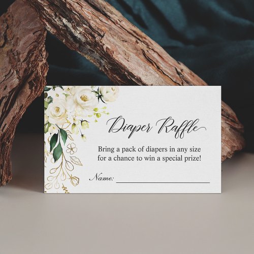 White Rose Green Floral Baby Shower Diaper Raffle - Add a touch of botanical elegance to your baby shower with these White Rose Green Floral Diaper Raffle cards. These cards showcase a beautiful white rose and green floral motif, creating a sense of serenity and grace for your event. The diaper raffle is a thoughtful tradition, and these cards make it a visually stunning experience. Whether you're planning a gender-neutral baby shower or simply love the natural beauty of flowers, these cards are ideal.