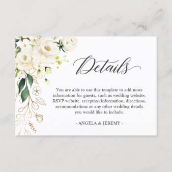 White Rose Green Floral Wedding Reception Details Enclosure Card by CardHunter at Zazzle