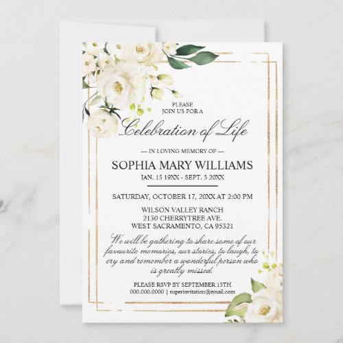 White Rose  Green Funeral Celebration of Life Invitation