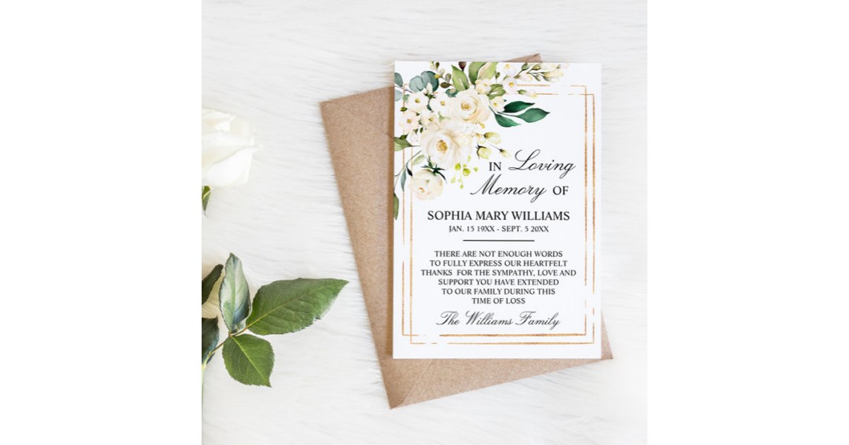 White Rose & Green Leaves Sympathy Memory Thank You Card | Zazzle