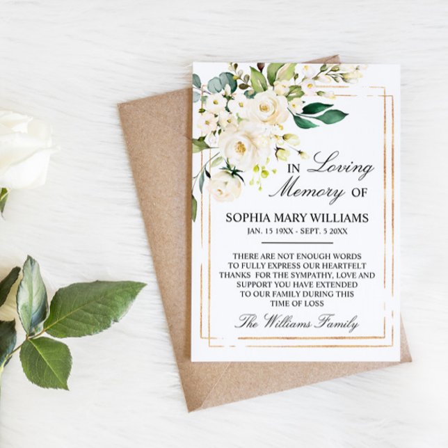 White Rose & Green Leaves Sympathy Memory Thank You Card (Creator Uploaded)