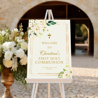 White Rose & Greenery First Communion Welcome Sign