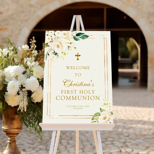 White Rose  Greenery First Communion Welcome Sign