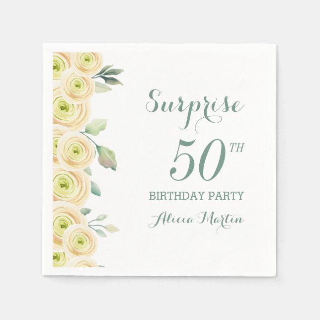 White Rose Greenery Flora Surprise 50th Birthday Napkins (Front)