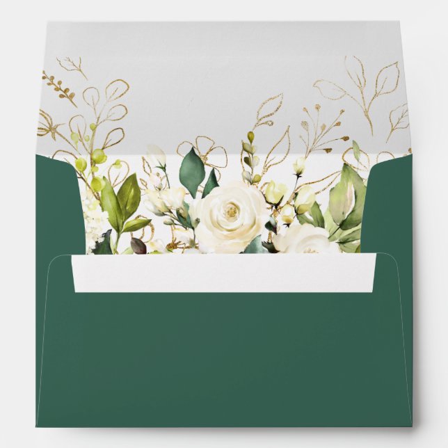 White Rose Greenery Floral for 5x7 Wedding Invite Envelope (Back (Bottom))