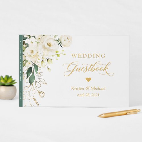 White Rose Greenery Floral Gold Text Wedding Guest Book