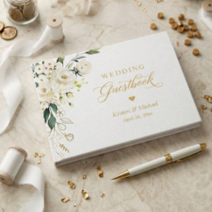 White Rose Greenery Floral Gold Text Wedding Guest Book