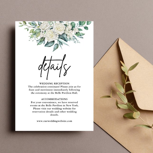 White Rose Greenery Floral Wedding Details  Enclosure Card (Creator Uploaded)