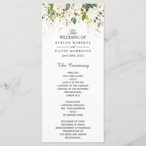 White Rose Greenery Floral Wedding Program - White Rose Greenery Floral Wedding Program Card. 
(1) For further customization, please click the "customize further" link and use our design tool to modify this template. 
(2) If you need help or matching items, please contact me.