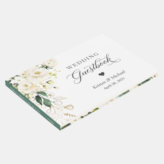 White Rose Greenery Gold Floral Wedding Guest Book