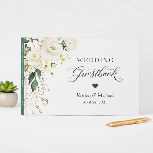 White Rose Greenery Gold Floral Wedding Guest Book - Customize this "White Rose Green Gold Floral Wedding Guestbook" to add a special touch. It's easy to personalize to match your wedding colors, styles and theme. For further customization, please click the "Customize" button and use our design tool to modify this template.