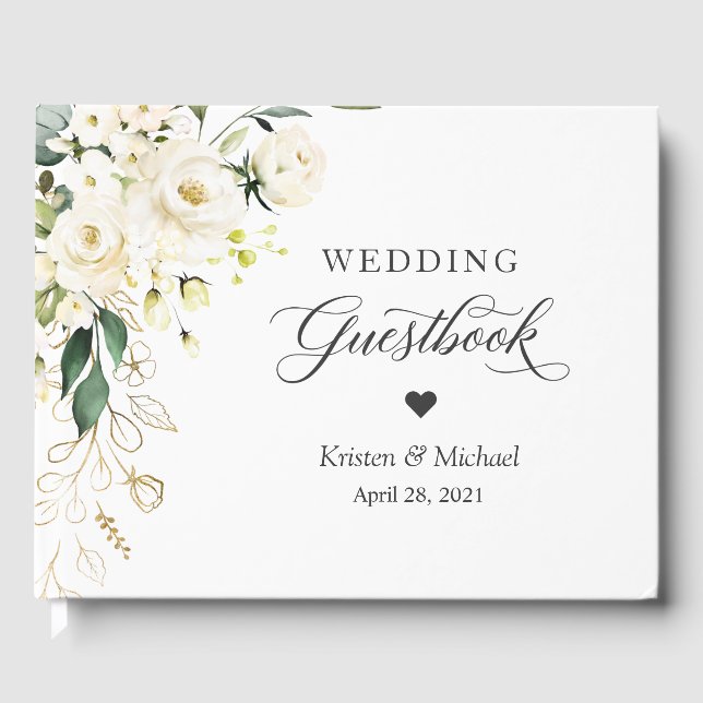 White Rose Greenery Gold Floral Wedding Guest Book (Front)