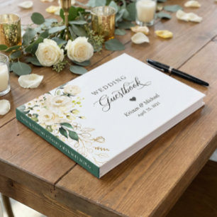 White Rose Greenery Gold Floral Wedding Guest Book