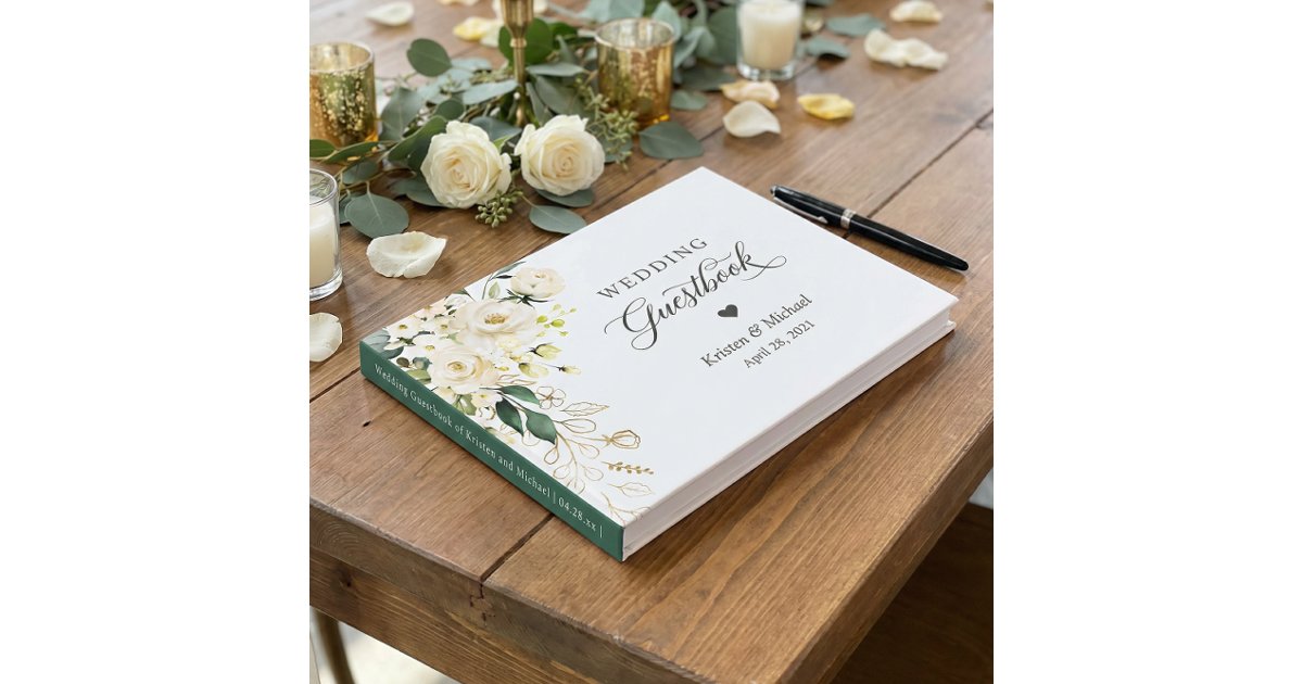 White Rose Greenery Gold Floral Wedding Guest Book | Zazzle
